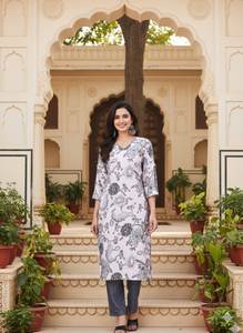 Ensemble Kurta et pantalon en coton imprimé numérique blanc et gris, col en V, coupe droite longueur mollet, tenue ethnique pour femme, tailles S à XXL - Product Image 5