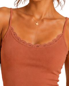 Camiseta sin mangas de algodón acanalada con encaje para mujer, estilo casual de verano, corte ajustado, top corto de moda - Product Image 5