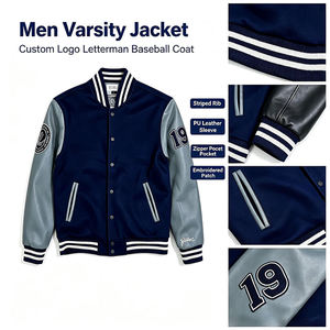 Chaqueta Varsity Azul Marino para Hombre, Mangas Grises de Poliéster/Algodón, Cierre de Cremallera, Cuello Alto Transpirable, Abrigo Preppy de Invierno - Product Image 2