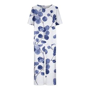Pijama con estampado floral para mujer, camisa de manga corta con cuello redondo, 95% poliéster, 5% elastano, ropa de dormir informal, cintura elástica, ropa de verano de secado rápido - Product Image 5