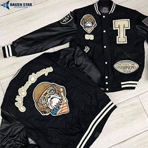 Men's Black Varsity Jacket With Embroidered Letter T And Patch Designs Preppy Style Autumn Wear - Product Image 3