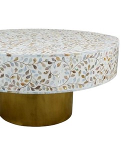 Handcrafted Modern <b>Round</b> Mother of Pearl Inlay Coffee <b>Table</b> with <b>Gold</b> Metal Base White Floral Mosaic Design for Home & Hotel Use - Product Image 3