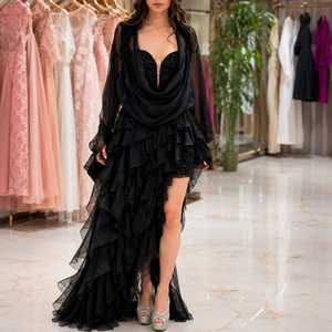 Black Sheath Maxi Evening Gown Ruffle Sheer <b>Chiffon</b> Designer Cocktail Dress Elegant Party Wear Women Hot Red Carpet Dress - Product Image 5