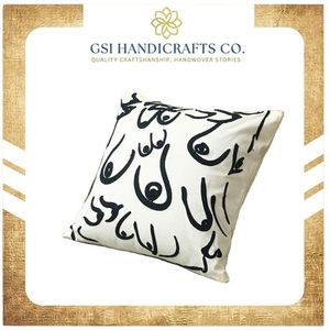 Minimalist Square Throw <b>Pillow</b> Cover With <b>Black</b> Arabic Script Pattern Screen Printed On Cream Fabric at Wholesale Price - Product Image 2