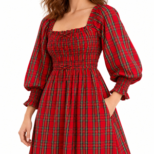 Vestido midi casual de mujer, rojo a cuadros, cuello cuadrado, vintage, manga abullonada, cintura fruncida, corte en A, 100% algodón tejido - Product Image 6