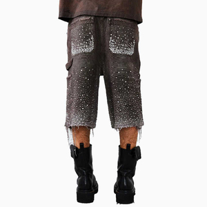 Pantalones cortos de mezclilla casuales para hombre, de cintura media, desgastados, estilo vintage, holgados, lavado claro, con dobladillo sin rematar, con pedrería, de lona de algodón tipo duck - Product Image 5