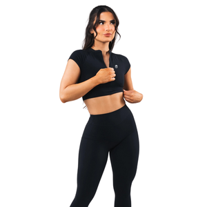 Womens Seamless Cap Sleeve Zip Sports Bra <b>High</b> <b>Neck</b> Yoga Fitness Activewear Stretch Support Lightweight Training <b>Top</b> Black - Product Image 4