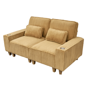 Acogedor Sofá de Dos Plazas de Pana con Asientos Profundos, Portavasos de Acero Inoxidable y 2 Cojines Decorativos para Sala de Estar - Product Image 1