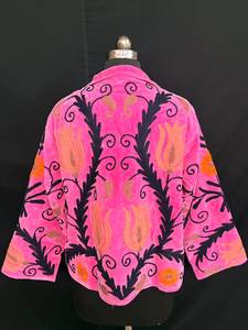 Pink Suzani <b>Velvet</b> Embroidered <b>Jacket</b> Bohemian Winter Coat Handcrafted Floral Open Front Kimono Ethnic <b>Women</b> Outerwear - Product Image 3