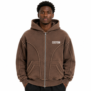 Sudadera con capucha marrón lavada de moda con cremallera y paneles curvos para hombre, estilo vintage, de forro polar grueso, venta al por mayor OEM, marca privada - Product Image 2