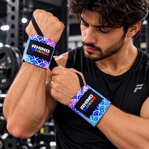 Bandes de maintien pour poignets en coton Rhino Fitness avec boucle pour le pouce et fermeture auto-agrippante, motif bleu, attelle de musculation pour la salle de sport - Product Image 1