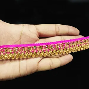 Vintage İpek Sari Trim pembe altın nakış hint dantel sınır toptan