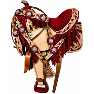 Selle de cheval western de luxe en cuir véritable sur mesure, équipement d'équitation de cowboy haut de gamme avec ferrures décoratives, franges, étriers et conchos - Product Image 3
