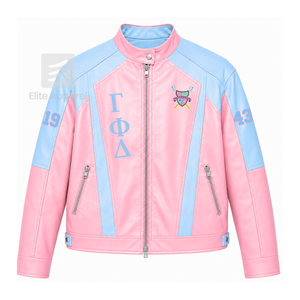 เสื้อแจ็คเก็ตหนังชมพูฟ้าปักโลโก้แกมมา ไพ เดลต้า ซอร์โรริตี้ สไตล์ลำลองสำหรับผู้หญิงบุโพลีเอสเตอร์ - Product Image 1