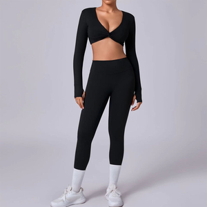 Ensemble de leggings et soutien-gorge de sport personnalisé, respirant, extensible dans quatre directions, en Spandex/Nylon, taille haute avec cordon de serrage, effet froncé, pour l'entraînement et le yoga - Product Image 5