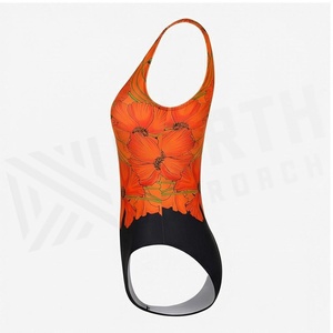 Traje de baño de una pieza con estampado floral para mujer, cuello redondo, cintura alta, elástico, estampado digital en naranja y negro - Product Image 3