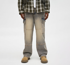 Pantalones Cargo de Mezclilla Lavada para Hombre, Algodón de Peso Medio, Estilo Utilitario Holgado con Parches, para Otoño - Product Image 1