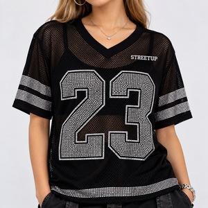 Premium Customized Rhinestone <b>Women</b> American Football Jersey Oversized Streetwear Boxy Crop <b>Top</b> Crystal See Through Jersey - Product Image 3