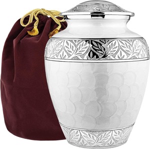 <b>Memorial</b> Cremation Urn With Engraved Leaf Design Decorative Metal Ashes Urn With Velvet Bag Set - Product Image 1