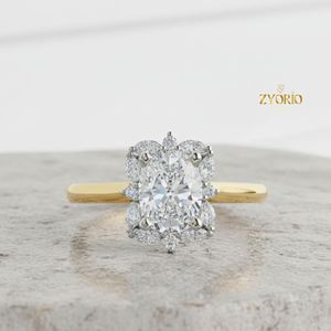 Anillo de Compromiso con Halo de Corte Ovalado, Oro de 18K, Diseño Floral, Anillo Nupcial de Lujo para Mujer - Product Image 3