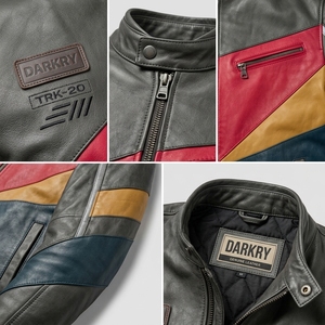 Blouson de motard vintage pour homme en cuir de vachette véritable gris, avec blocs de couleur rouge, jaune et turquoise, col montant, personnalisable OEM ODM, vente en gros - Product Image 6