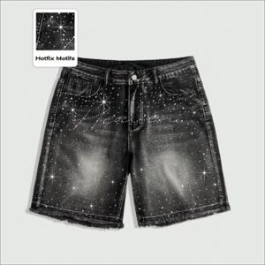 High Quality <b>Mens</b> Denim <b>Jeans</b> Shorts Rhinestone Decoration Street Style Distressed <b>Jean</b> Shorts Summer Fashion Wholesale Supplier - Product Image 1