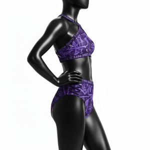 Conjunto de Bikini para Mujer, Tela Elástica de Nailon y Spandex GSM, Estampado Gráfico Morado, Tirantes Cruzados, Paneles con Logotipo Personalizado - Product Image 3
