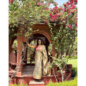 Riti Verma Grey Organza Meenakari Floral Zari Woven Saree for <b>Prom</b> <b>Dresses</b> - Product Image 1