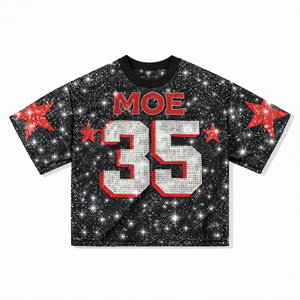 Camiseta de fútbol americano de lujo con malla de diamantes de imitación, logotipo personalizado, talla grande, OEM, producción de ropa urbana personalizable al por mayor - Product Image 4