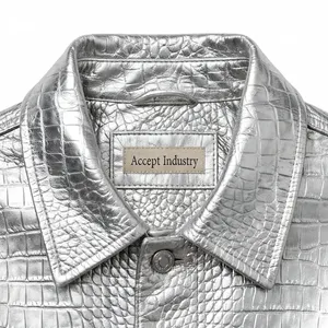 Veste de camionneur unisexe en similicuir argenté métallisé effet croco, 4 poches, boutonnée, vêtement d'extérieur tendance, logo personnalisé - Product Image 5