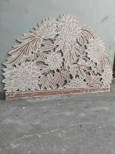 Luxury Handcrafted Solid Wood Bed <b>Frame</b> Ornate Sunburst Floral Carving <b>Antique</b> White Wash Finish - Product Image 3