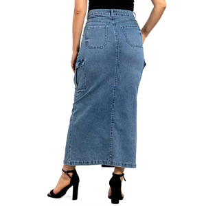 Jupe cargo en jean personnalisée 2025 à multiples poches pour femme avec fente, nouvelle mode, jupe longue en denim de haute qualité, service OEM - Product Image 4