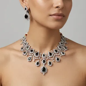 ชุดสร้อยคอและต่างหูเพชรคิวบิกเซอร์โคเนียสุดหรู ดีไซน์เพชร สำหรับงานหมั้น งานแต่งงาน งานฉลองครบรอบ สำหรับผู้หญิง - Product Image 2