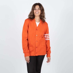 Women's Orange <b>Knitted</b> <b>Cardigan</b> Long Sleeve V-Neck Solid Color Casual Button Front Sweater With <b>White</b> Stripes On Sleeve - Product Image 2