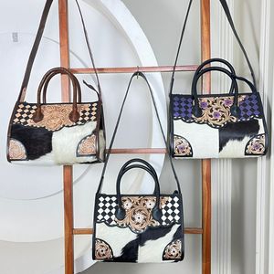 กระเป๋าโท้ทหนังลายตารางขนาดใหญ่ งานแฮนด์เมด สไตล์ตะวันตก ดีไซน์หรูหรา หนังวัวแท้ สะพายข้าง/สะพายไหล่ สำหรับผู้หญิง - Product Image 5