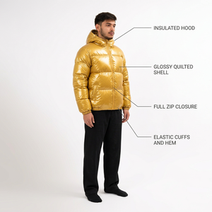 Men's High Quality Customizable Hooded Puffer Jacket Gold Solid Color Breathable <b>Fleece</b> Polyester Fiber Filled Windproof <b>Zipper</b> - Product Image 2
