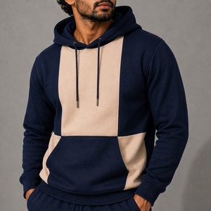 Ensemble de survêtement unisexe épais imprimé bleu foncé et beige, avec sweat à capuche color block et pantalon de jogging à rayures latérales pour - Product Image 5