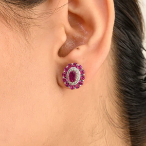 14K Solid White Gold Art Deco Ruby Diamond Flower Cluster Stud <b>Earrings</b> - Product Image 1