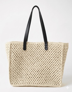 Sac fourre-tout en paille au crochet, couleur unie, style bohème, fermeture éclair, écologique, sac à main d'été pour femme - Product Image 3