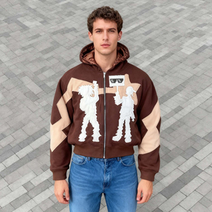 เสื้อฮู้ดดี้ผู้ชายแบบสั่งทำพิเศษ OEM ผ้าหนา แต่งซิป ปักลาย ตกแต่งแบบดิสเทรส ทรงโอเวอร์ไซส์ สไตล์สตรีทแวร์ ผ้าซาติน น้ำหนัก 500 กรัม พร้อมลายกราฟิก - Product Image 3