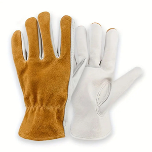 Premium Grain Cowhide Leather Driver Work <b>Gloves</b> Brown Split Suede Back Keyhole Thumb Elastic Wrist Mechanical Rigger <b>Gloves</b> - Product Image 1
