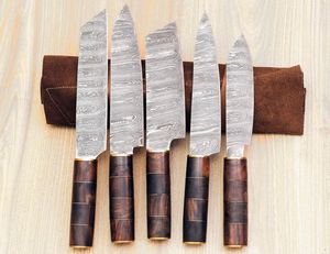 Juego de 5 Cuchillos de Cocina Hechos a Mano de Acero de Damasco con Hoja Biselada y Mango de Micarta, Personalizables OEM/ODM/OBM - Product Image 5