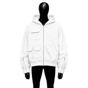 Sweat à capuche zippé oversize blanc en coton, coupe décontractée, pour le quotidien, le streetwear et un style décontracté oversize. - Product Image 1