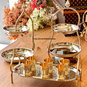 Two Tier Stainless Steel Snack <b>Cake</b> <b>Stand</b> With Designer Handle Exclusive Quality <b>Set</b> of 2 Golden Color Dessert <b>Cake</b> <b>Stand</b> - Product Image 1