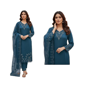 Elegante conjunto de shalwar kameez de viscosa cristalina combinado con un dupatta de organza pesado y rico en colores, en tallas XL y XXL. - Product Image 1