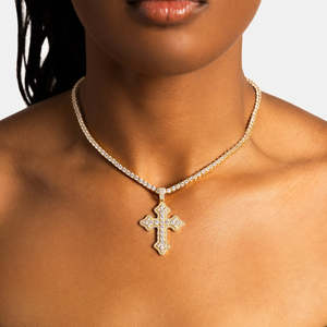 Luxury Gold <b>Iced</b> <b>Out</b> Cross Pendant Necklace|Christian Cross Pendant | Hip Hop Religious Jewelry with Tennis <b>Chain</b> - Product Image 2