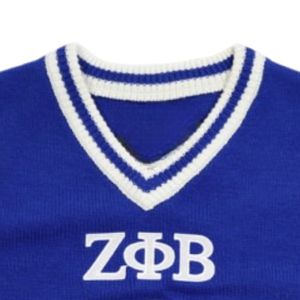 ZΦB Zeta Phi Beta Chenille & Embroidery V-Neck Sweaters Full Sleeve Knitted Pullover Blue White Logo Front - Product Image 3