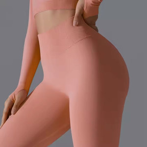 กางเกงโยคะเอวสูงของผู้หญิงกางเกงเลกกิ้งกีฬาออกกำลังกายแบบไร้รอยต่อกางเกงออกแบบโลโก้ได้ตามต้องการทำจากผ้าสแปนเด็กซ์/ ไนลอนลายพื้น - Product Image 4