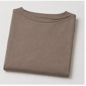 T-shirt pour femme, couleur taupe brun, col bateau, manches aux coudes, coupe décontractée, WTS-0089 - Product Image 5