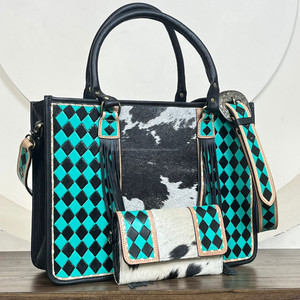 เซ็ต2ชิ้นกระเป๋าโท้ทหนังวัวสำหรับผู้หญิงกระเป๋าโท้ทและกระเป๋าเงินแบบมีสายรัดข้อมือดีไซน์ลายตารางหมากรุกขนาดใหญ่ - Product Image 4